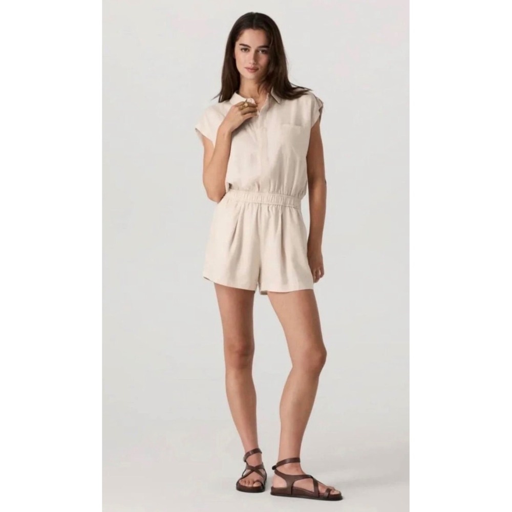 Vuori Trestles Twill Romper Medium Beige Linen Lyocell Shortall Button Front